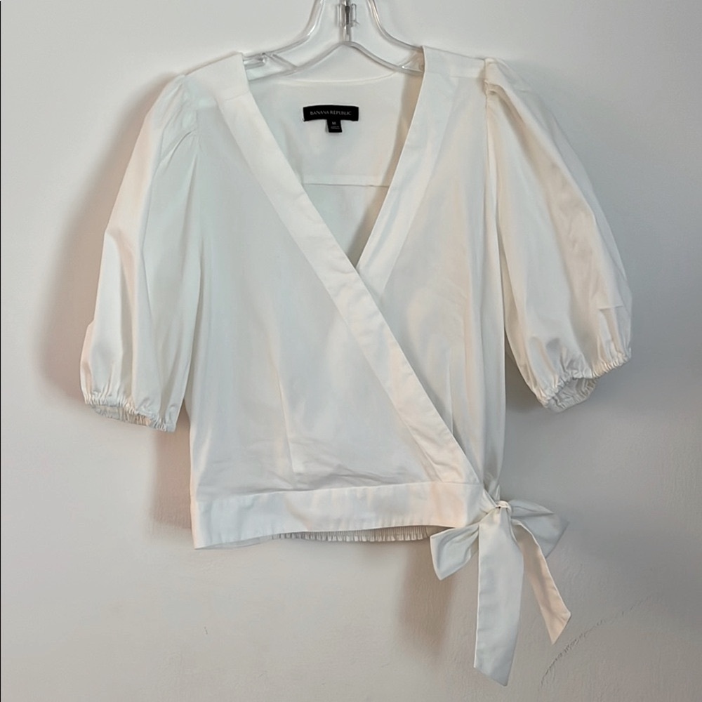 Banana Republic White Wrap Blouse with Puff Sleeves